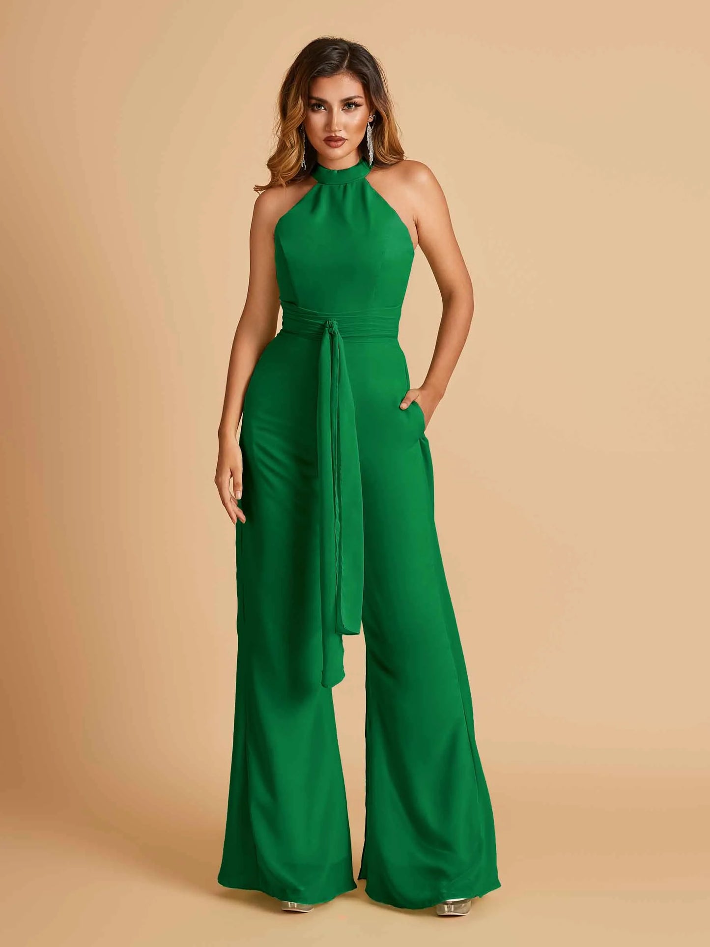 Chiffon Bridesmaid Jumpsuit Jewel Neck Sleeveless Floor Length With Pockets For Sale