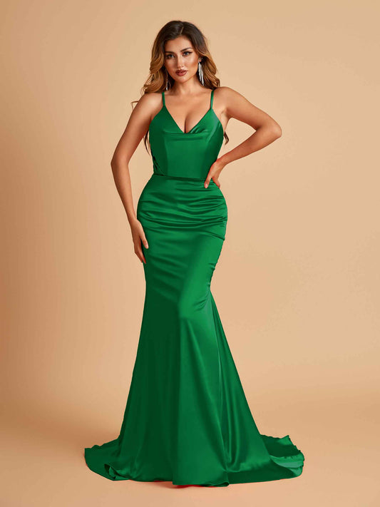 Sexy Satin Mermaid Bridesmaid Dresses Spaghetti Straps V-neck Pleats Floor Length
