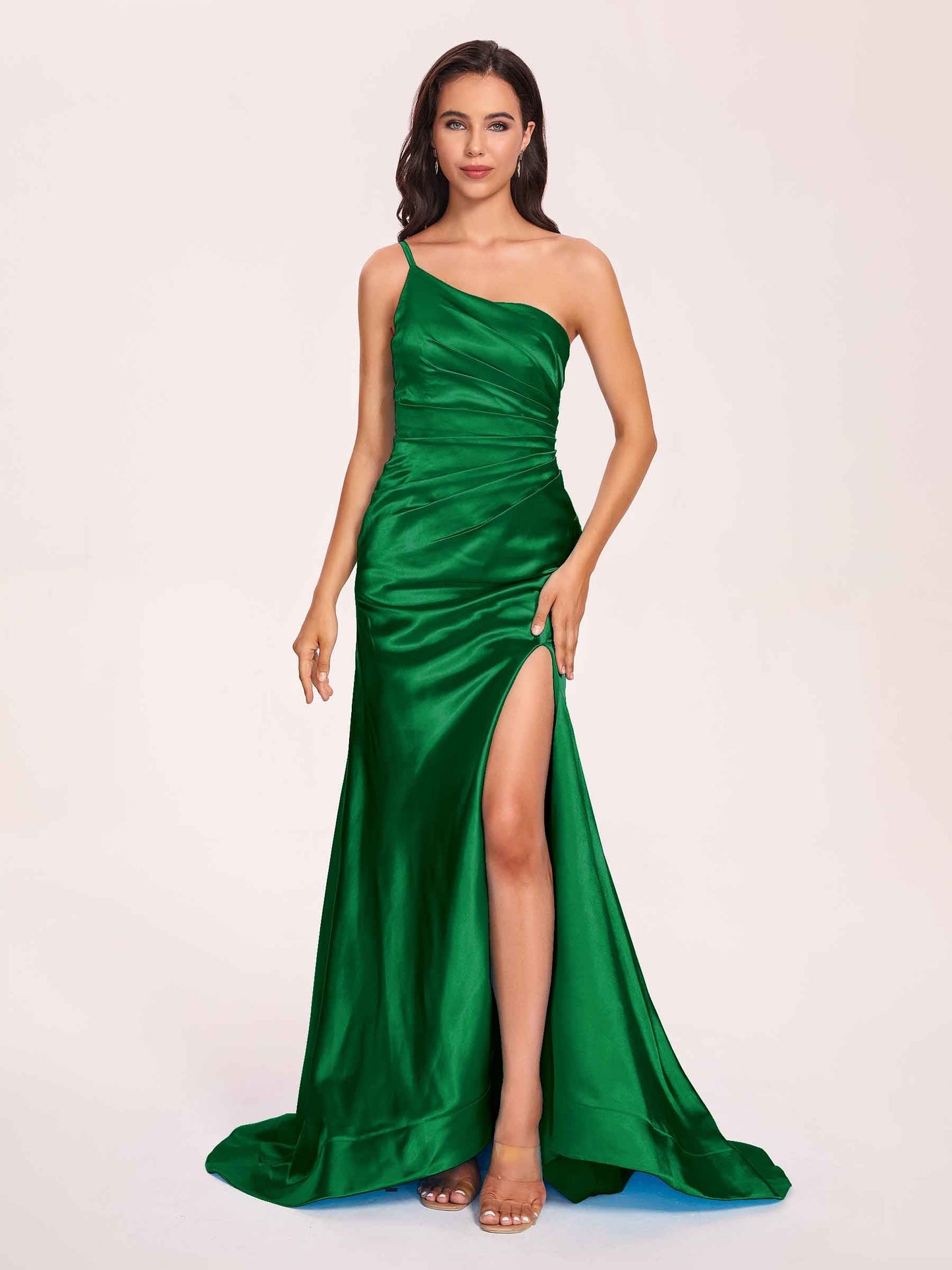 Satin One-shoulder Mermaid Prom Dresses Side Slit Pleats Floor Length