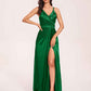Sexy Satin A-line Prom Dresses Spaghetti Straps Side Slit V-neck Floor Length