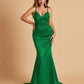 Satin Mermaid V-neck Prom Dresses Spaghetti Straps Floor Length