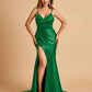 Satin Mermaid V-neck Bridesmaid Dresses Spaghetti Straps Side Slit Floor Length