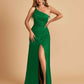 Satin One Shoulder Sheath Prom Dresses Spaghetti Straps Side Slit Floor Length