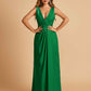 Sexy Satin Deep V-neck Long Bridesmaid Dresses A-line Pleats Sleeveless Floor Length