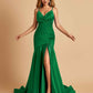 Sexy Satin Mermaid Open Back Prom Dresses Spaghetti Straps V-neck Side Slit