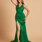 Sexy Satin Open Back Prom Dresses Mermaid V-neck Side Slit With Train