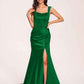 Sexy Satin Square Mermaid Bridesmaid Dresses Pleats Side-Slit Floor-Length Sleeveless