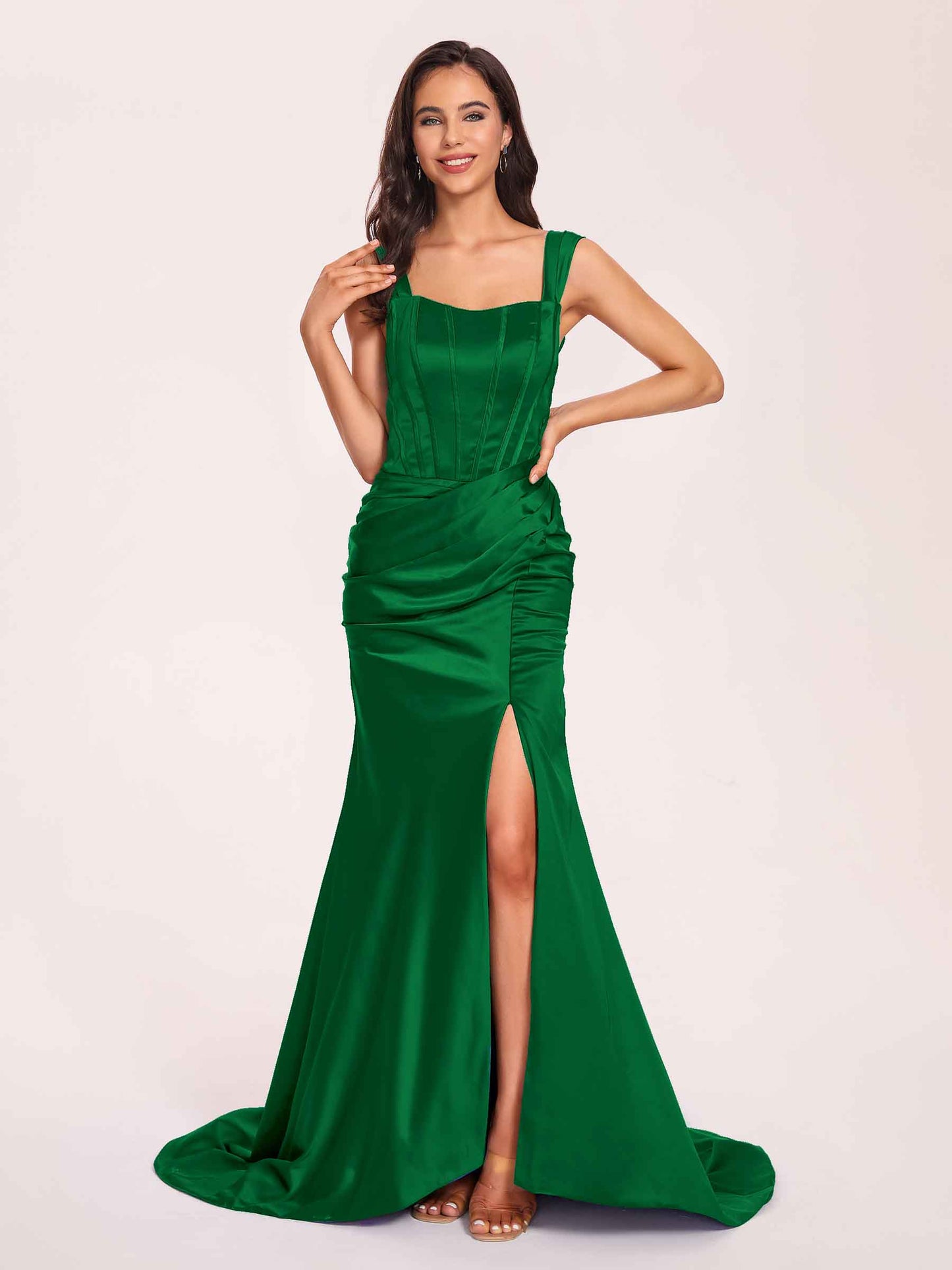 Sexy Satin Square Mermaid Bridesmaid Dresses Pleats Side-Slit Floor-Length Sleeveless