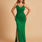 Satin Mermaid Long Bridesmaid Dresses Spaghetti Straps V-neck Side Slit Floor Length For Sale