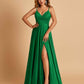 Satin A-line Long Prom Dresses Spaghetti Straps V-neck Side Slit Floor Length