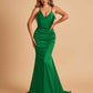 Sexy Satin Mermaid Prom Dresses Spaghetti Straps V-neck Pleats Floor Length