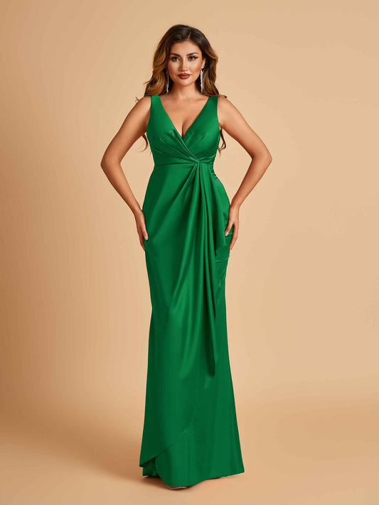 Sexy Satin Sheath V-neck Bridesmaid Dresses Strapless Floor Length