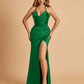 Sexy Satin Halter Straps Sheath Prom Dresses Side Slit Pleats Floor Length