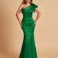 Satin One-shoulder Bridesmaid Dresses Ruffle Sleeves Mermaid Floor Length For Sale