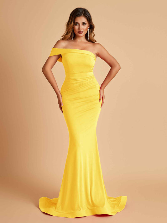 Sexy Jersey One Shoulder Bridesmaid Dresses Mermaid Pleats Floor Length Unique
