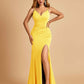 Jersey Mermaid Bridesmaid Dresses Spaghetti Straps V-neck Side Slit Pleats Floor Length