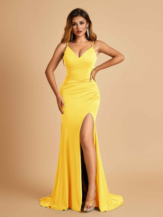 Jersey Mermaid Bridesmaid Dresses Spaghetti Straps V-neck Side Slit Pleats Floor Length