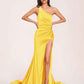 Jersey One-shoulder Prom Dresses Open Back Pleats Side-Slit With Train Long