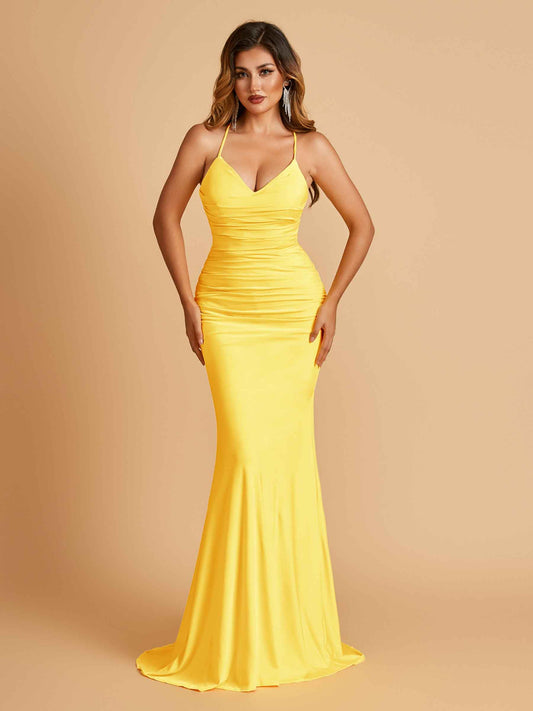 Sexy Jersey Spaghetti Straps Bridesmaid Dresses V-neck Mermaid Criss-cross Back Floor Length