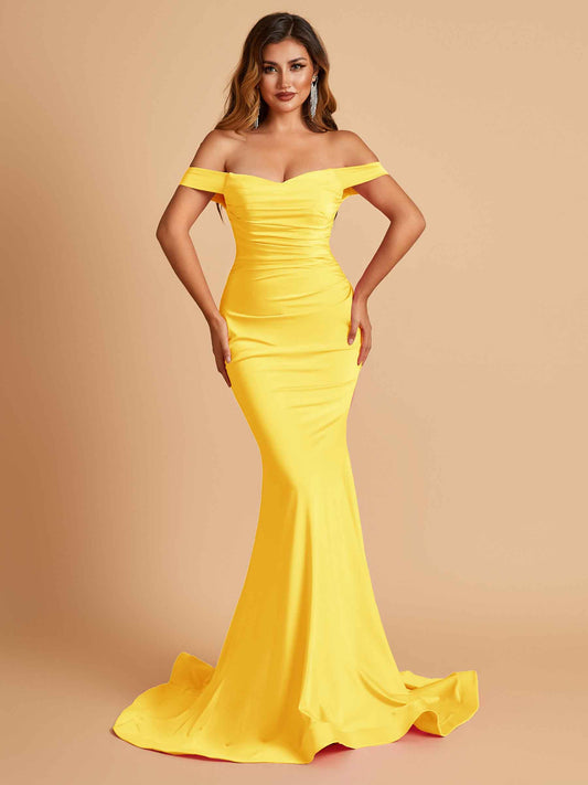 Jersey Mermaid Bridesmaid Dresses Off Shoulder Sweetheart Pleats Floor Length