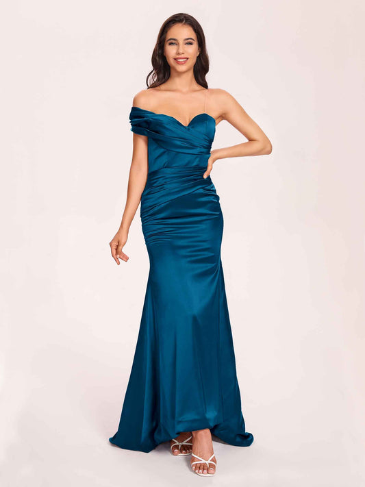 Satin One-shoulder Prom Dresses Pleats Floor Length Mermaid Long
