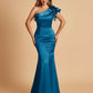 Satin One-shoulder Bridesmaid Dresses Ruffle Sleeves Mermaid Floor Length For Sale