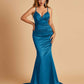 Satin Mermaid V-neck Prom Dresses Spaghetti Straps Floor Length
