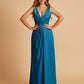 Sexy Satin Deep V-neck Long Bridesmaid Dresses A-line Pleats Sleeveless Floor Length