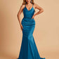 Sexy Satin Mermaid Prom Dresses Spaghetti Straps V-neck Pleats Floor Length