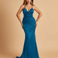 Satin Mermaid Open-back Prom Dresses Spaghetti Straps V-neck With Pleats Floor Length