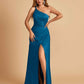 Satin One Shoulder Sheath Prom Dresses Spaghetti Straps Side Slit Floor Length