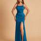 Satin Mermaid Long Prom Dresses Spaghetti Straps Scoop Side Slit Criss-cross Back