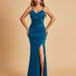 Sexy Satin Mermaid Bridesmaid Dresses Spaghetti Straps V-neck Side Slit Floor Length