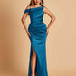 Unique Satin One Shoulder Prom Dresses Side Slit Half Open Back Floor Length
