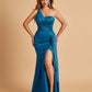 Satin One Shoulder Mermaid Bridesmaid Dresses Side Slit Floor Length