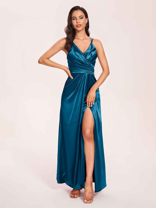 Sexy Satin A-line Prom Dresses Spaghetti Straps Side Slit V-neck Floor Length