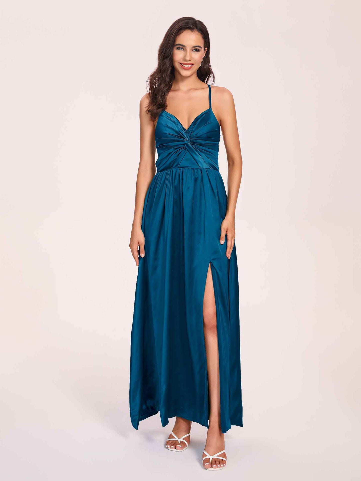 Satin Spaghetti Straps A-line Bridesmaid Dresses Side Slit Floor Length
