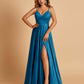 Satin A-line Long Prom Dresses Spaghetti Straps V-neck Side Slit Floor Length