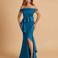 Satin Mermaid Off Shoulder Bridesmaid Dresses With Ruffles Side Slit Floor Length