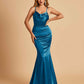 Satin Mermaid Open Back Bridesmaid Dresses Spaghetti Straps Scoop Floor Length