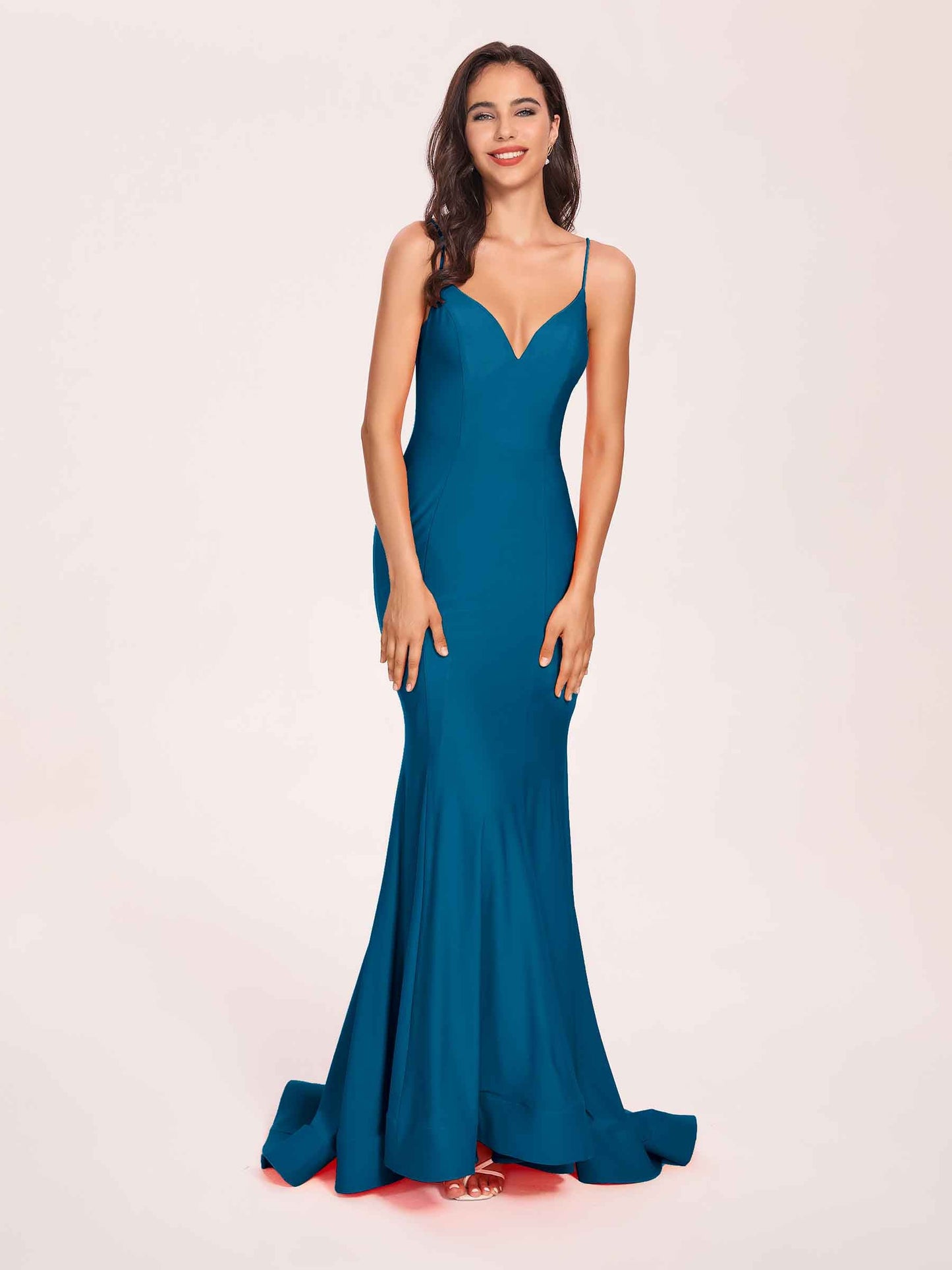 Sexy Satin Mermaid Prom Dresses Spaghetti Straps V-neck Floor Length Lace-up Back