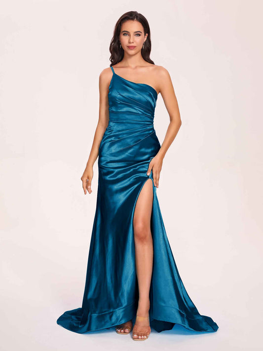 Satin One-shoulder Mermaid Prom Dresses Side Slit Pleats Floor Length