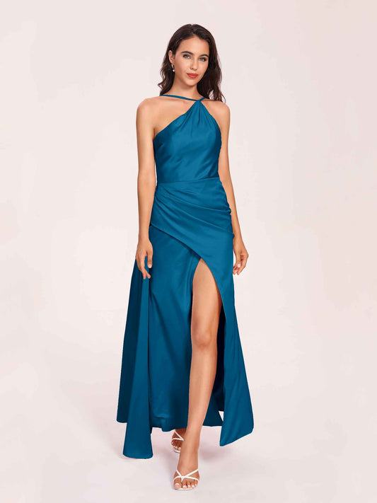 Sexy Satin Halter Strap Sheath Bridesmaid Dresses Side Slit Pleats Floor Length