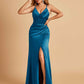 Sexy Satin Sheath Bridesmaid Dresses Spaghetti Straps V-neck Side Slit Pleats Floor Length