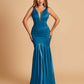 Satin Deep V-neck Mermaid Bridesmaid Dresses Half Open Back Floor Length