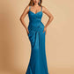 Satin Mermaid Sweetheart Prom Dresses Spaghetti Straps With Pleats Floor Length