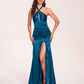 Sexy Satin Halter Long Bridesmaid Dresses Side Slit Pleats Floor Length Sheath