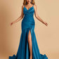 Sexy Satin Mermaid Open Back Prom Dresses Spaghetti Straps V-neck Side Slit