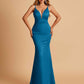 Satin Deep V-neck Mermaid Prom Dresses Open Back Floor Length