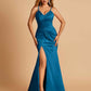 Sexy Mermaid Bridesmaid Dresses Spaghetti Straps Satin Side Slit Pleats Floor Length